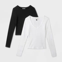 Women's 2pk Long Sleeve Shrunken Rib T-Shirt - Universal Thread™ White/Black -Best Women Clothing GUEST 247dd87c 3f9f 42d2 aba2 82da81353f54