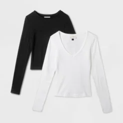 Women's 2pk Long Sleeve Shrunken Rib T-Shirt - Universal Thread™ White/Black -Best Women Clothing GUEST 9454ecb2 4250 4b07 a359 dad972e05cf0