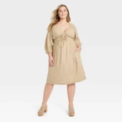 Women's Tie-Front Puff 3/4 Sleeve Midi Dress - Universal Thread™ -Best Women Clothing GUEST b0998ca1 3e24 4c91 88d7 d7409c86354a